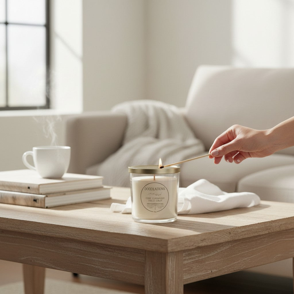 Hand lighting a Doodlations Coffee Bar & Boutique luxury odor eliminator candle with a clean cotton scent on a table.