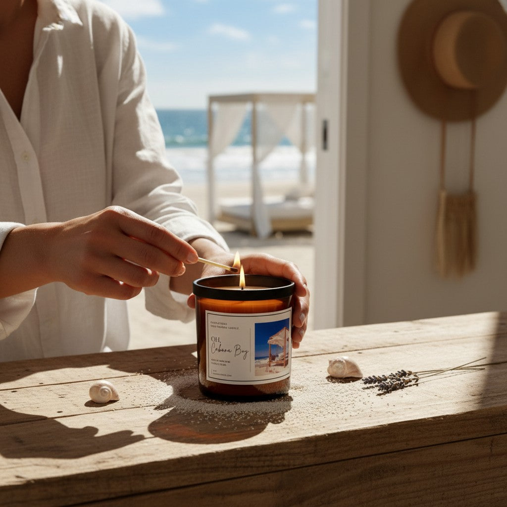 Doodlations Coffee Bar & Boutique Oh Cabana Boy luxury candle being lit on a wooden table with a beach view background.