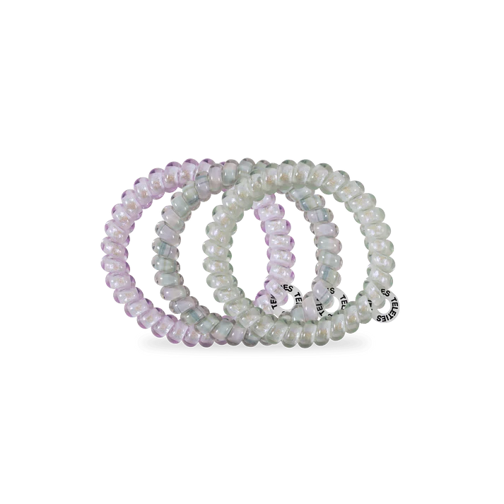 Doodlations Coffee Bar & Boutique Opal Glow spiral hair ties in purple and green shimmer, pack of three.
