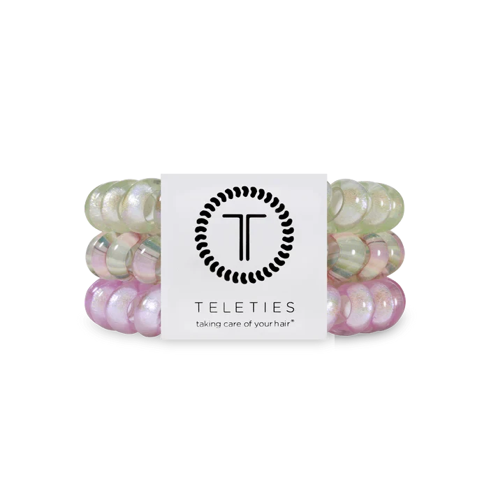 Doodlations Coffee Bar & Boutique Opal Glow hair ties in purple and green shimmer, pack of three spiral coils