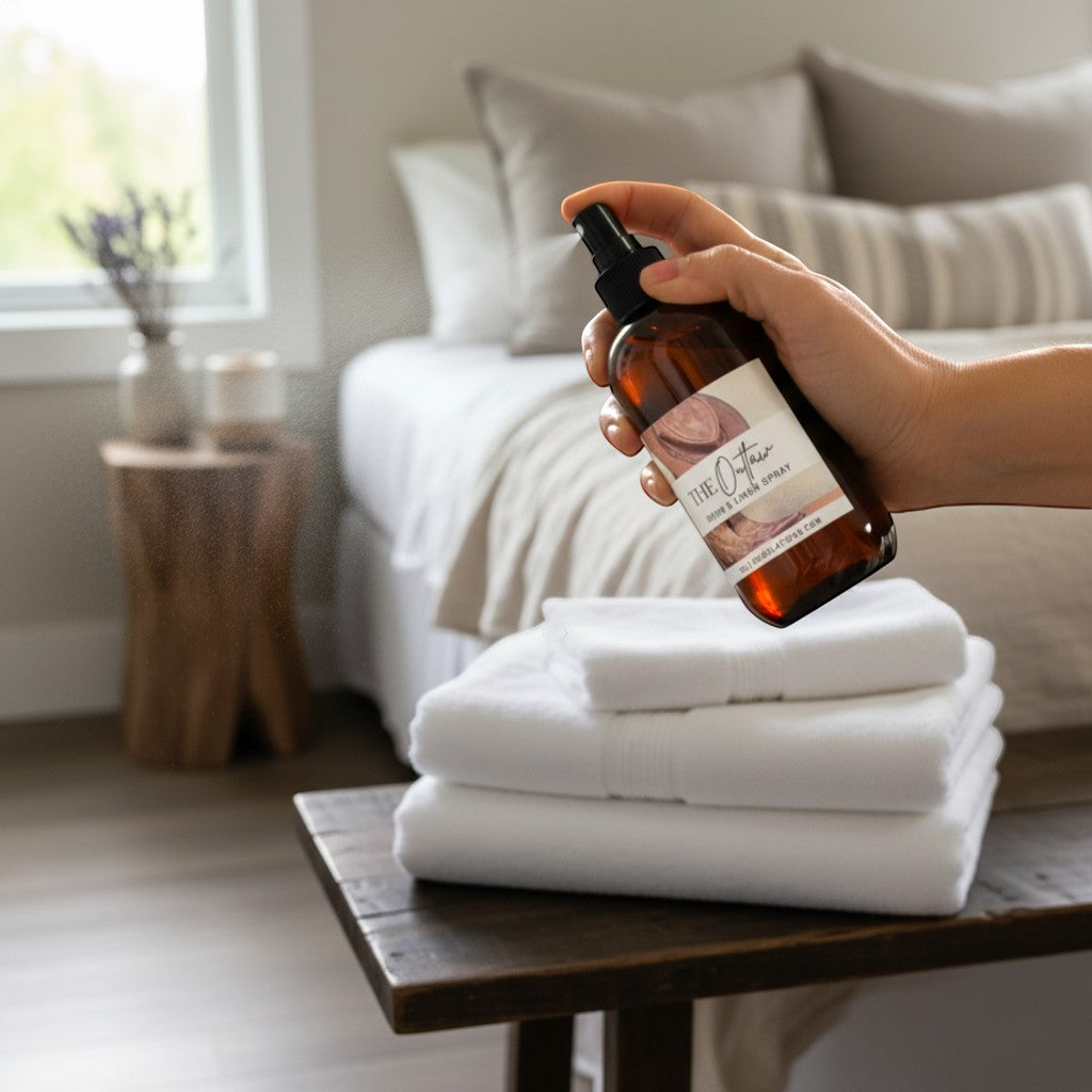 Doodlations Coffee Bar & Boutique The Outlaw room and linen spray in amber bottle, misting over white towels.