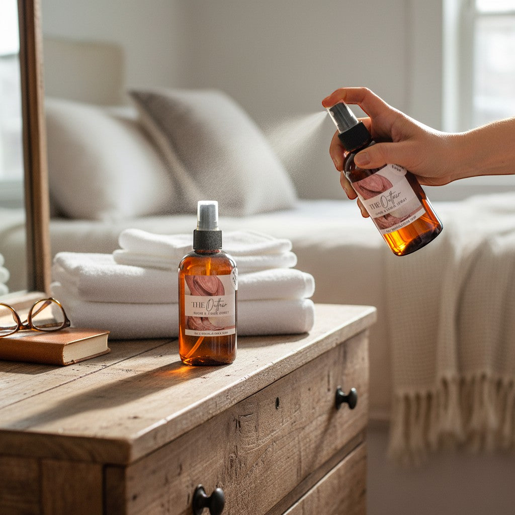Doodlations Coffee Bar & Boutique The Outlaw room and linen spray in amber bottle, misting into the air.