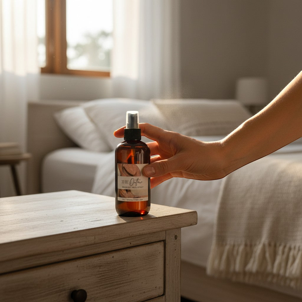 Doodlations Coffee Bar & Boutique The Outlaw amber glass room and linen spray bottle held by hand, misting in bedroom.
