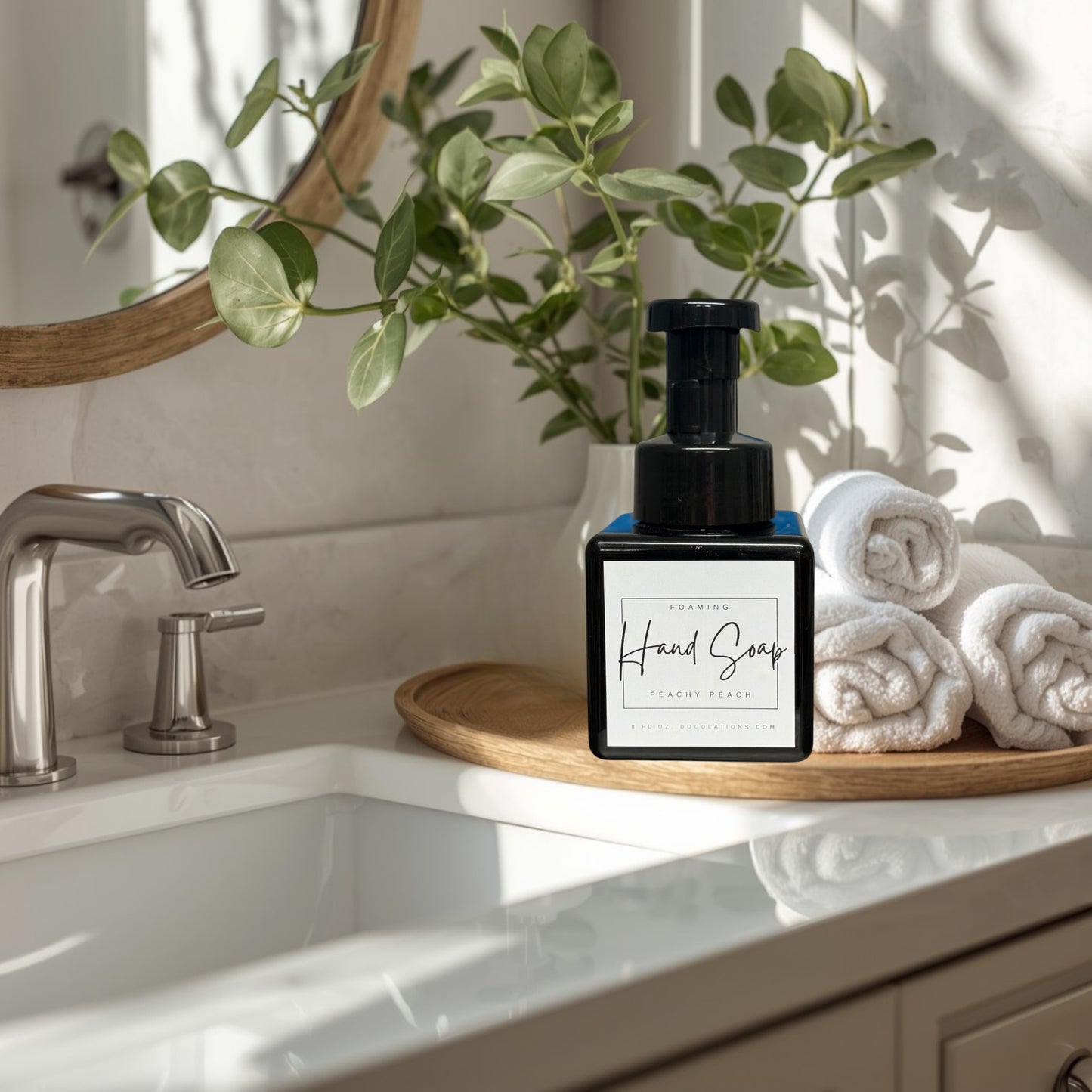 Doodlations Peachy Peach foaming hand soap in a black square bottle with a black pump dispenser. Surrounded by green artificial succulents.