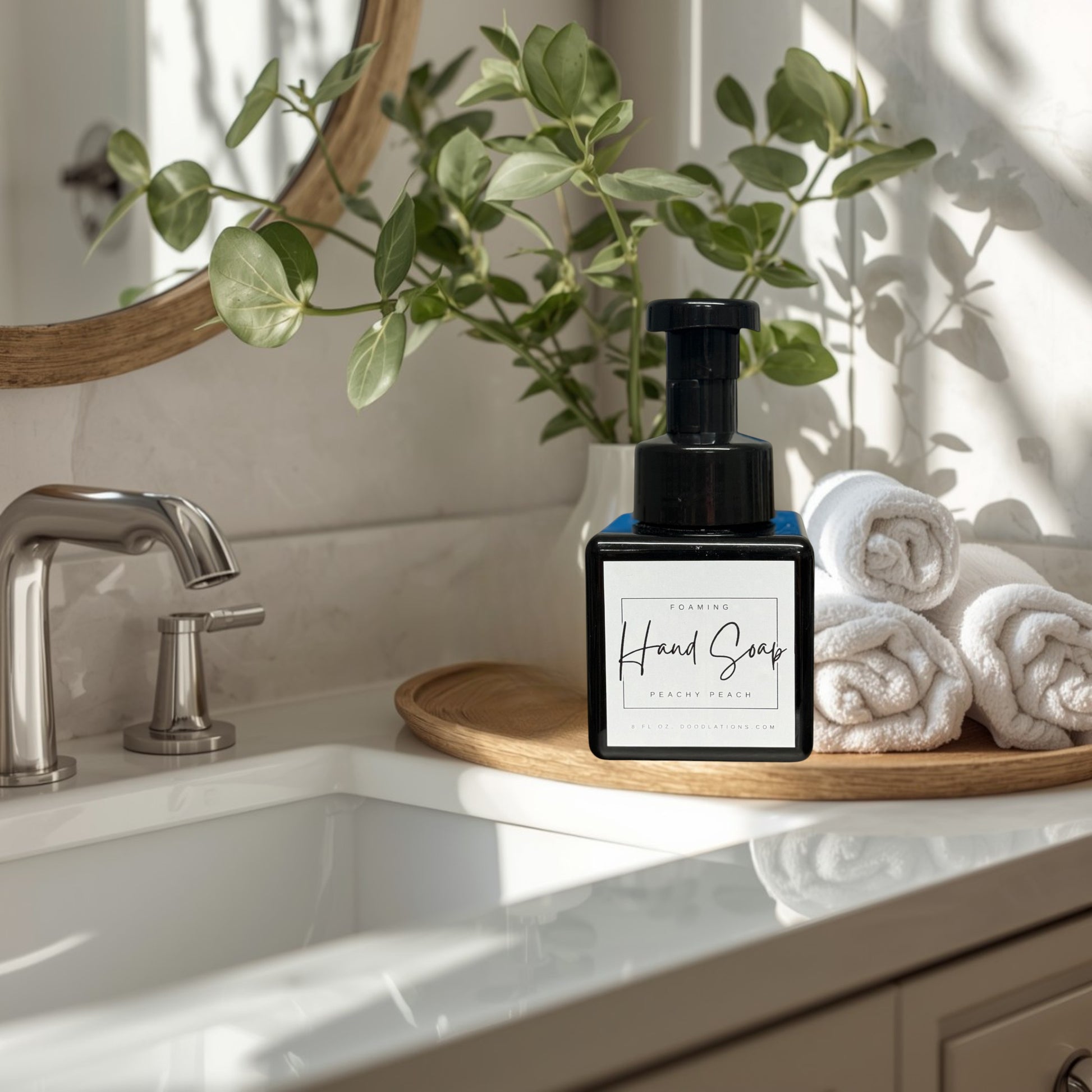 Doodlations Peachy Peach foaming hand soap in a black square bottle with a black pump dispenser. Surrounded by green artificial succulents.