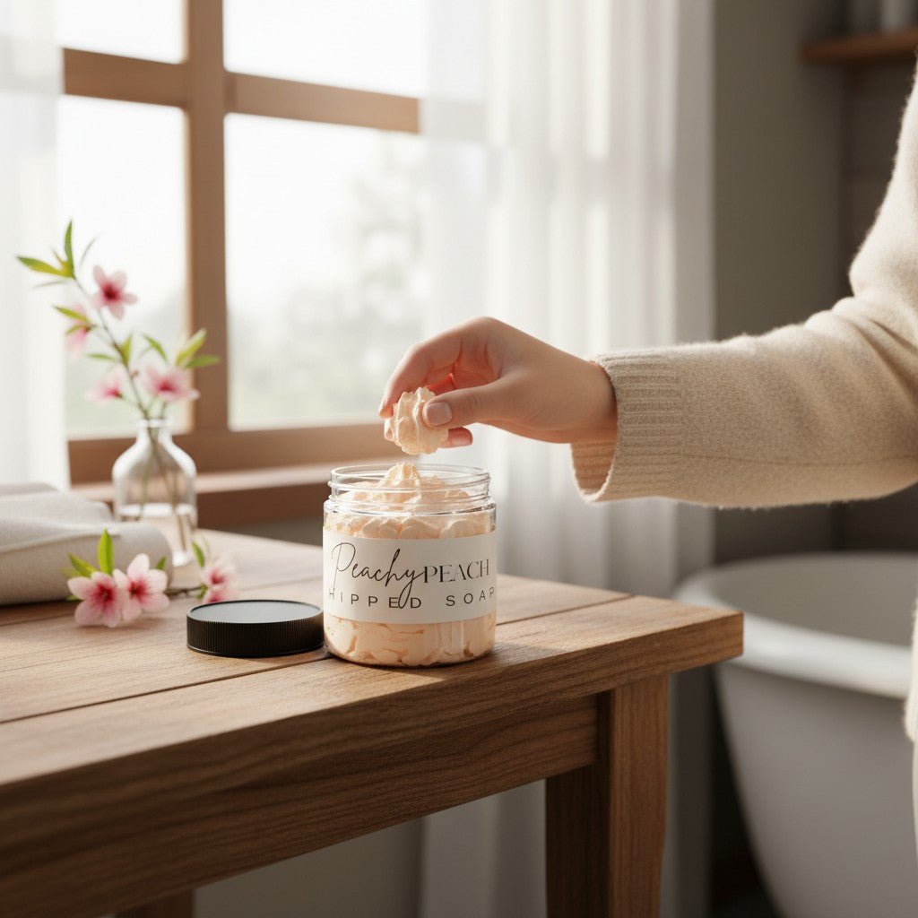 Hand scooping Doodlations Coffee Bar & Boutique Peachy Peach whipped soap from a jar on a wooden table.
