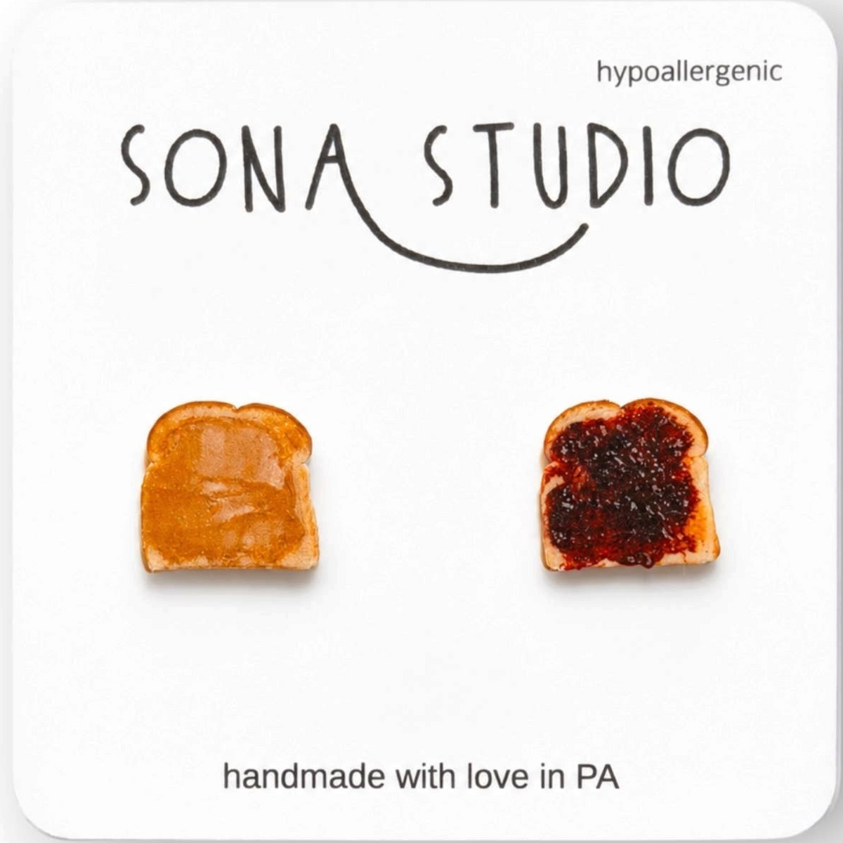 Doodlations Coffee Bar & Boutique peanut butter and jelly toast stud earrings with hypoallergenic stainless steel posts