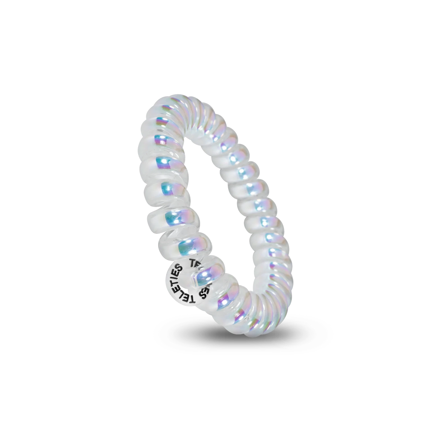 Doodlations Coffee Bar & Boutique Peppermint hair tie in a clear iridescent spiral design for a damage-free hold.