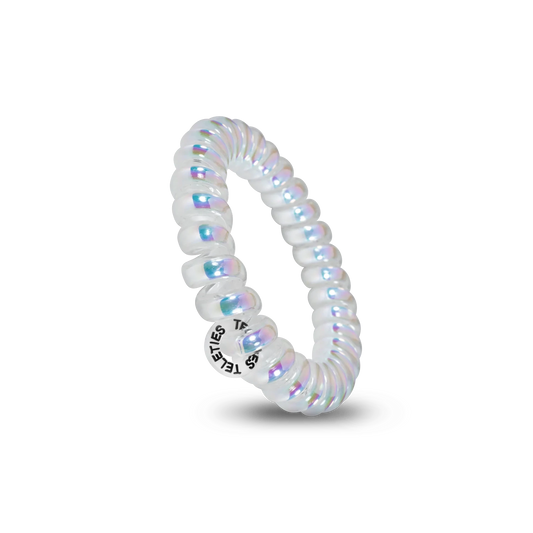 Doodlations Coffee Bar & Boutique Peppermint hair tie in a clear iridescent spiral design for a damage-free hold.