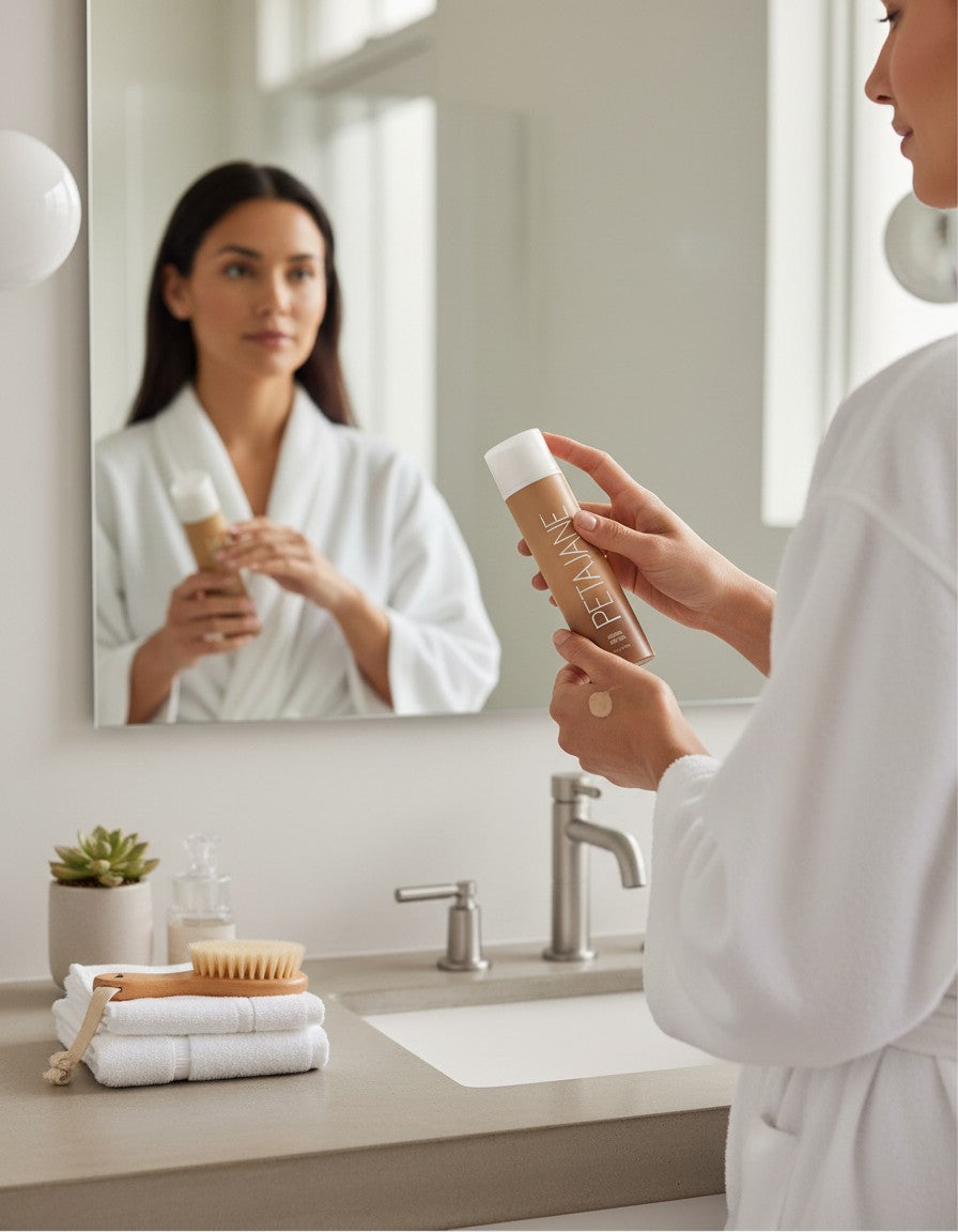 Woman in a white robe applying Doodlations Coffee Bar & Boutique Petajane Gradual Body Tan in a bright bathroom.