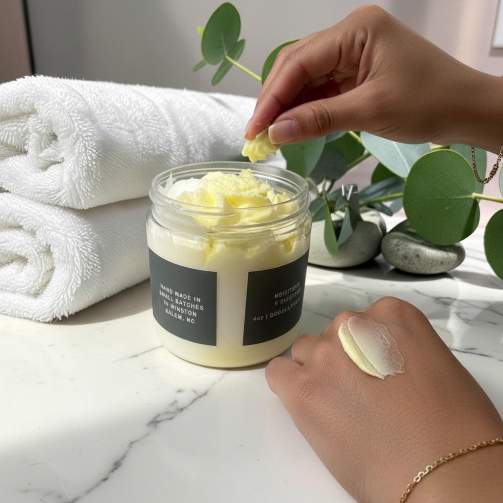 Doodlations Coffee Bar & Boutique Pineapple Mango whipped soap with grape seed oil on a marble surface with towels.