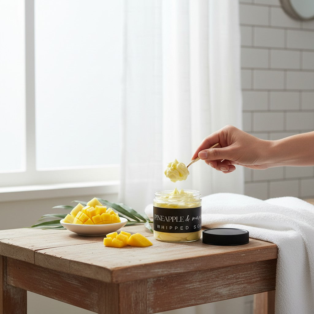 Doodlations Coffee Bar & Boutique Pineapple Mango whipped soap in a jar with fresh fruit on a wooden table.