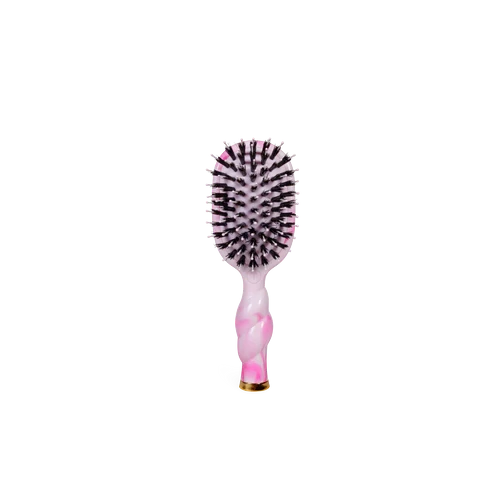 Doodlations Coffee Bar & Boutique Teleties boar bristle hair brush with a pink swirl coil handle and built-in mirror.