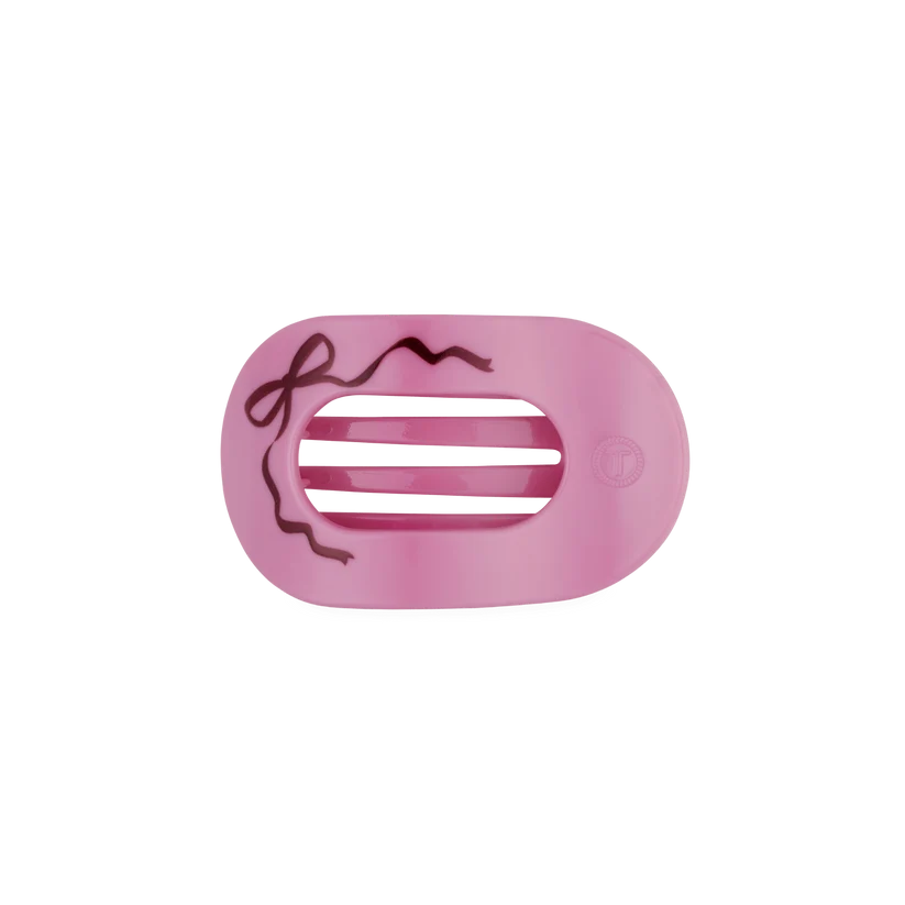Doodlations Coffee Bar & Boutique pink Teleties flat round hair clip with a small brown bow detail