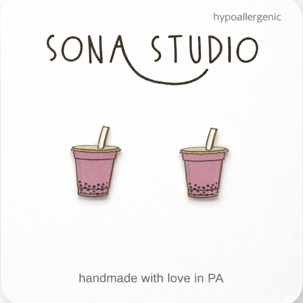 Doodlations Coffee Bar & Boutique handmade pink bubble tea stud earrings with titanium posts on display card