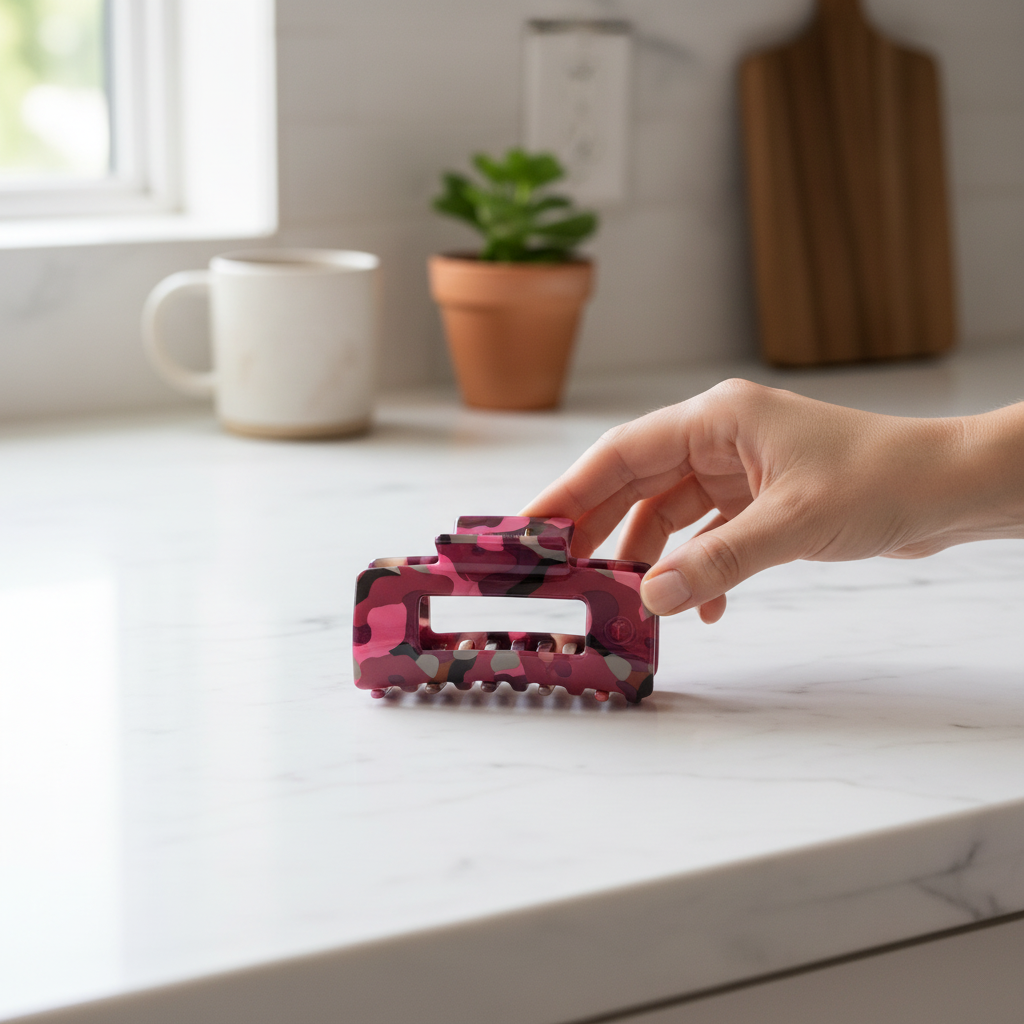 Doodlations Coffee Bar & Boutique Teleties flat rectangular hair clip in a pink and purple camo print on a marble counter