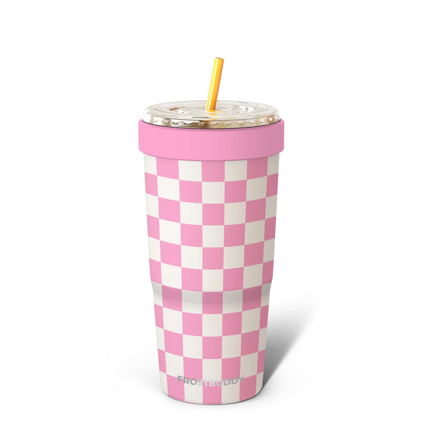 Doodlations Coffee Bar & Boutique pink and white checkered Frost Buddy To-Go Buddy tumbler with yellow straw