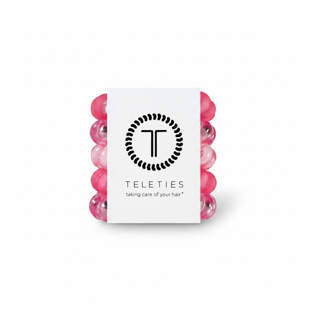 Doodlations Coffee Bar & Boutique pack of five tiny pink spiral coil hair ties for thin hair or braids.