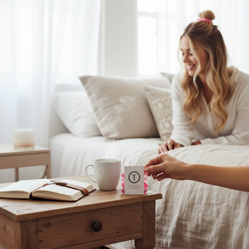 Doodlations Coffee Bar & Boutique pink spiral coil hair ties held in hand near a cozy bedroom setting.