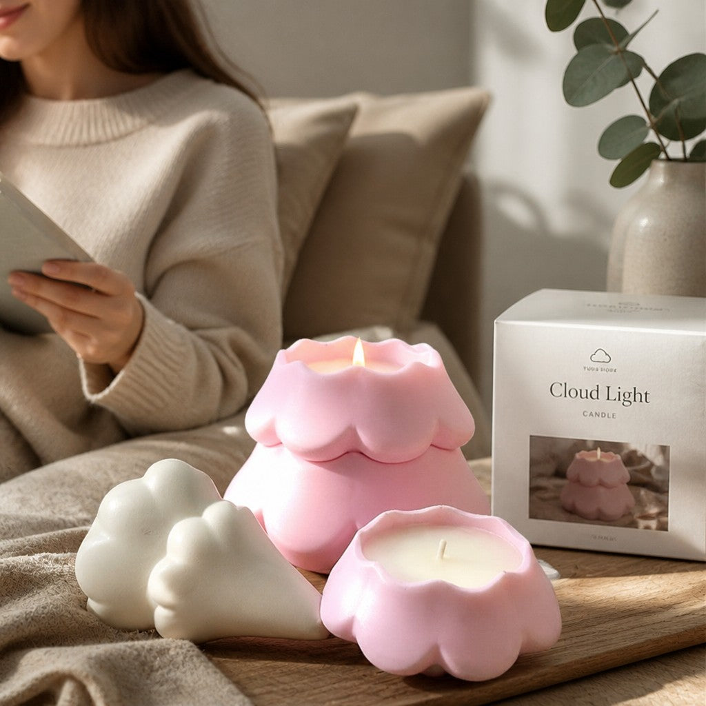 Doodlations Coffee Bar & Boutique pastel pink 3-tier Christmas tree concrete candle with soy wax on a wooden tray.