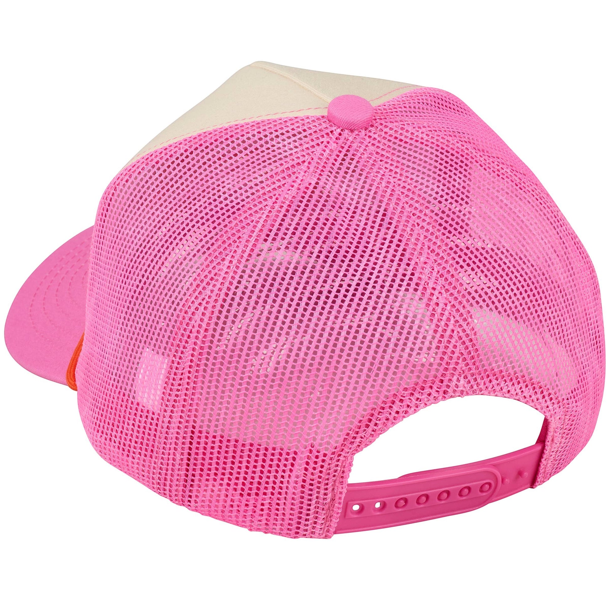 Doodlations Coffee Bar & Boutique trucker hat with cream front panel and pink mesh sides. Features adjustable snapback.