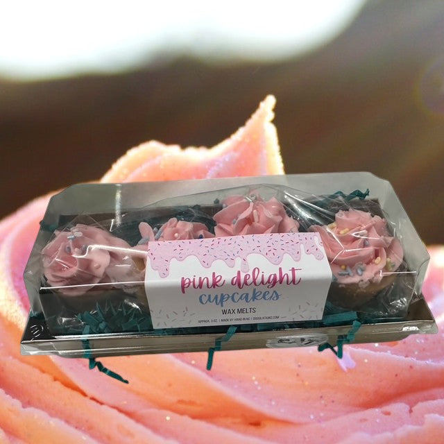 Doodlations Coffee Bar & Boutique Pink Delight Cupcakes wax melts, shaped like pink frosted cupcakes with sprinkles.