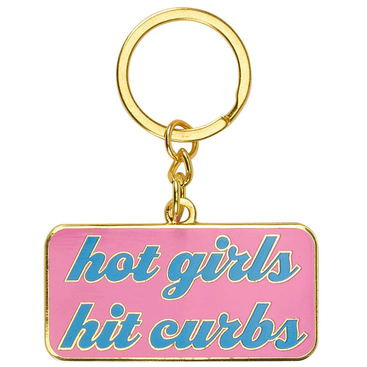 Doodlations Coffee Bar & Boutique pink enamel keychain with gold trim and blue "hot girls hit curbs" text.