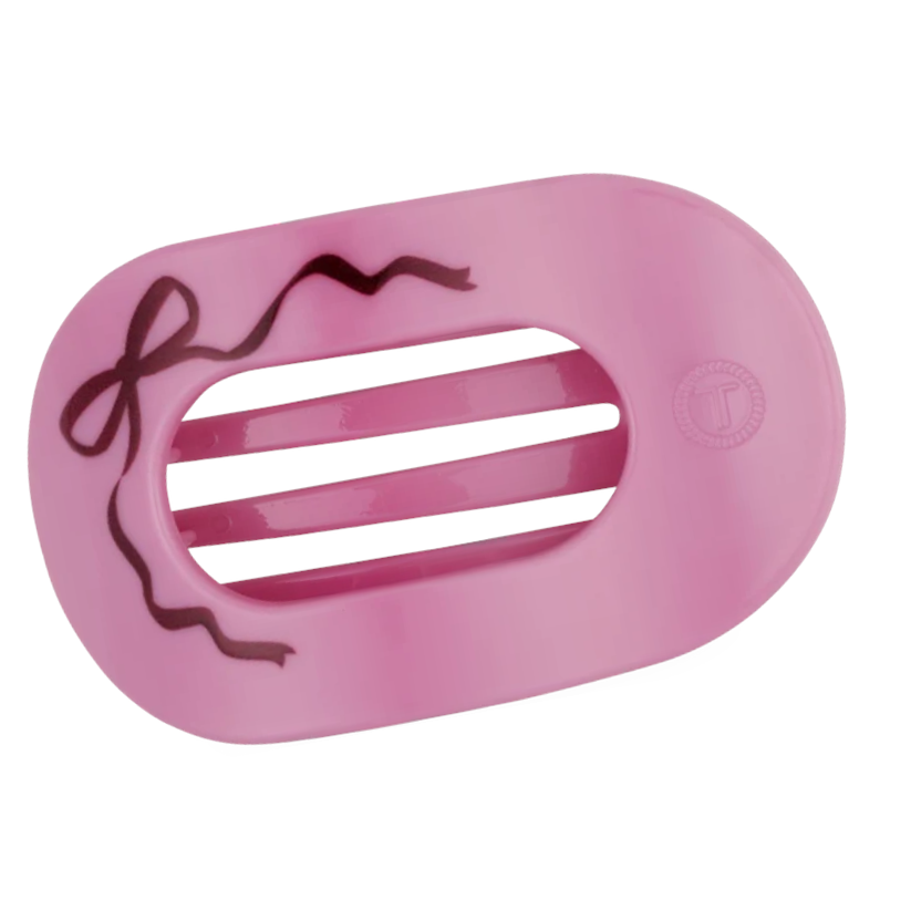 Doodlations Coffee Bar & Boutique pink Teleties flat round hair clip with a decorative bow design