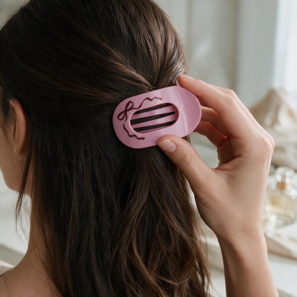 Doodlations Coffee Bar & Boutique pink flat round hair clip with bow detail being worn in brown hair