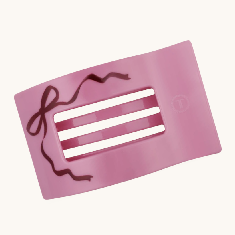 Doodlations Coffee Bar & Boutique pink flat square hair clip with a bow detail and flexible teeth for comfortable wear