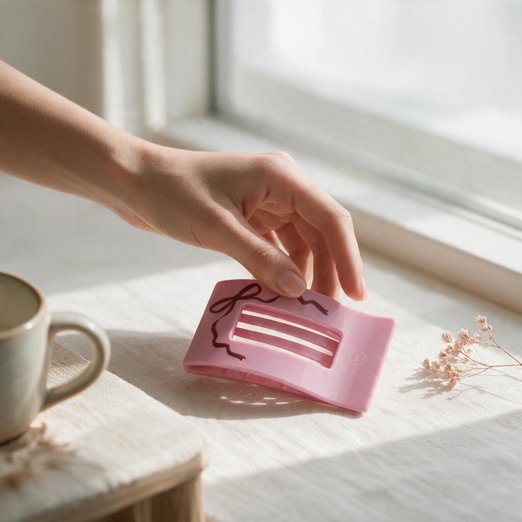 Doodlations Coffee Bar & Boutique pink Teleties flat square hair clip with bow detail held by a hand near a window