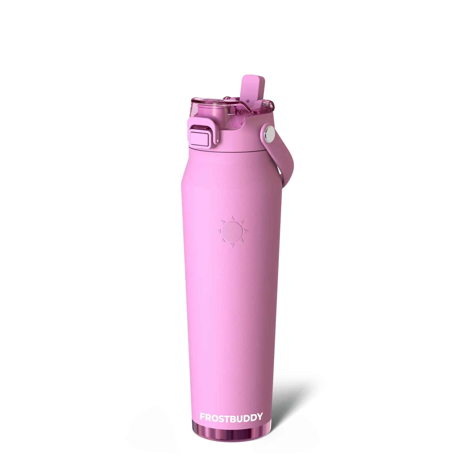 Doodlations Coffee Bar & Boutique pink 32oz Frost Buddy bottle with straw lid and detachable strap. Stainless steel.