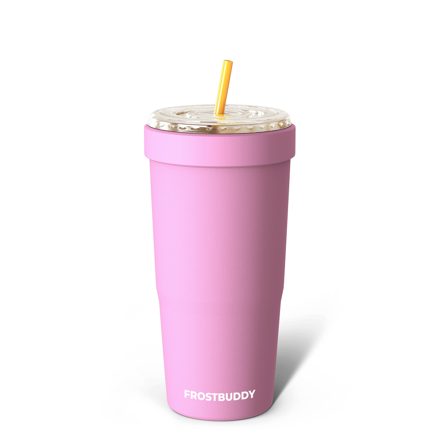Doodlations Coffee Bar & Boutique pink stainless steel Frost Buddy To-Go Buddy tumbler with yellow straw