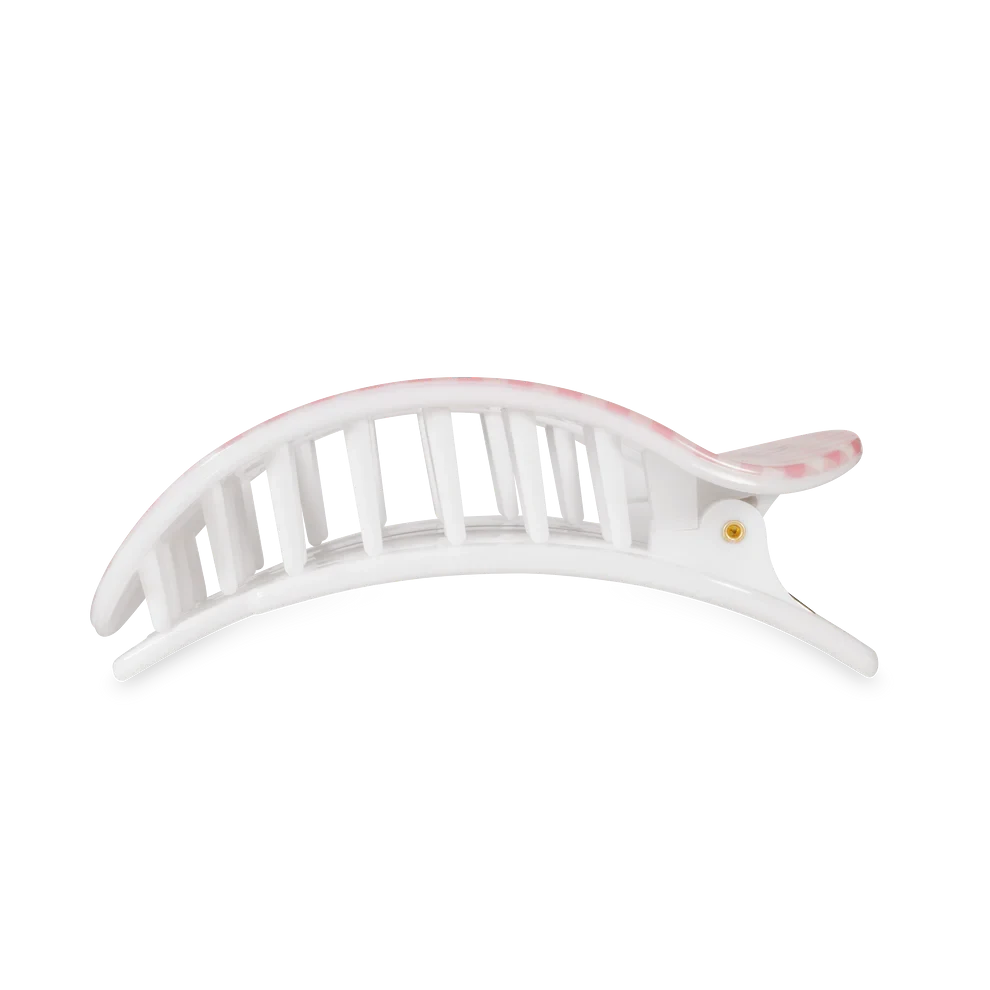 Doodlations white flat round hair clip with pink gingham pattern and strawberry accent.