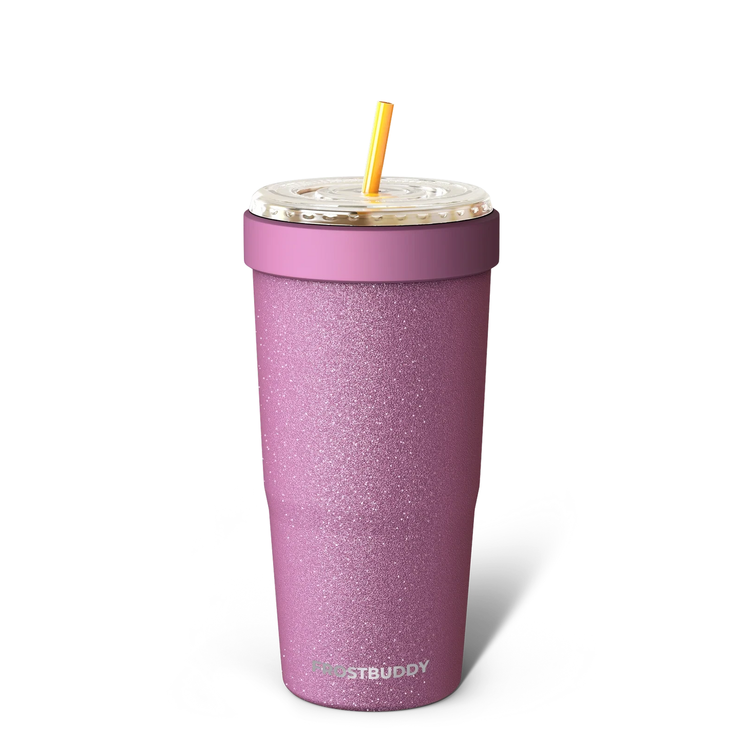 Doodlations Coffee Bar & Boutique pink glitter tumbler with lid and yellow straw. Double walled stainless steel, 32oz capacity.