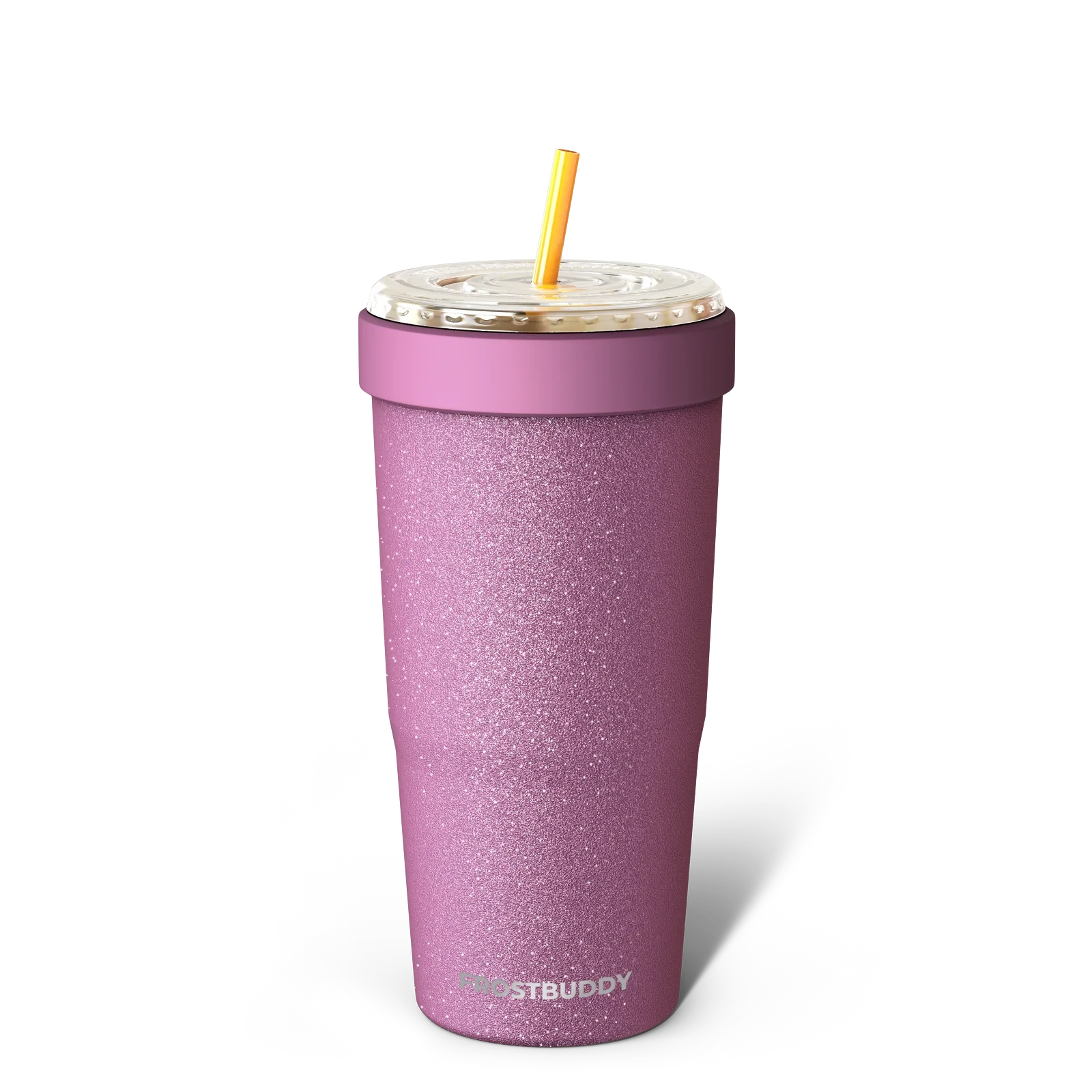 Doodlations Coffee Bar & Boutique pink glitter tumbler with lid and yellow straw. Double walled stainless steel, 32oz capacity.