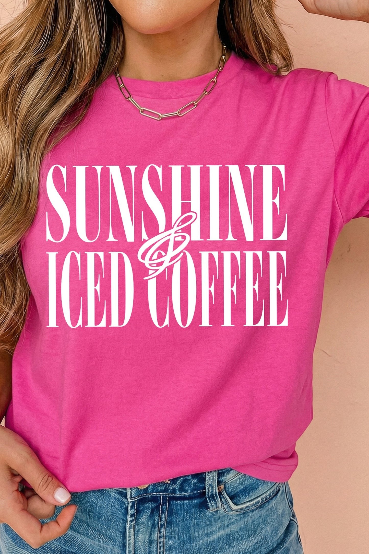 Doodlations Coffee Bar & Boutique hot pink crewneck t-shirt with white Sunshine and Iced Coffee graphic print