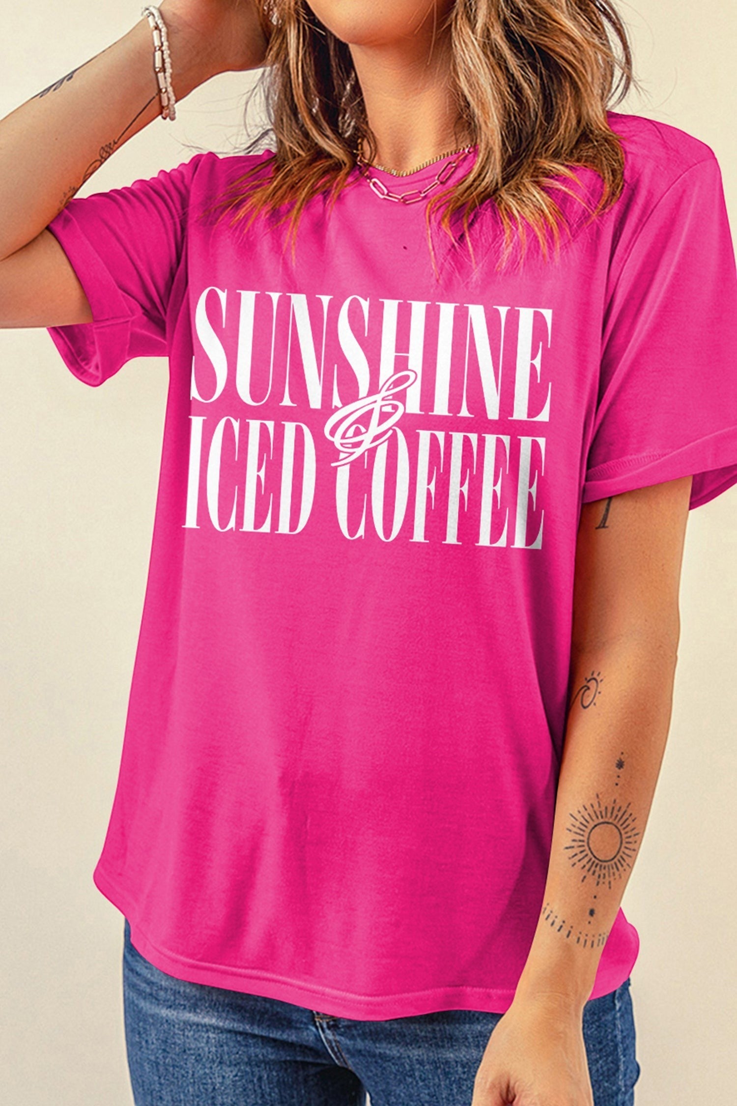 Doodlations Coffee Bar & Boutique hot pink crewneck t-shirt with white Sunshine And Iced Coffee graphic print