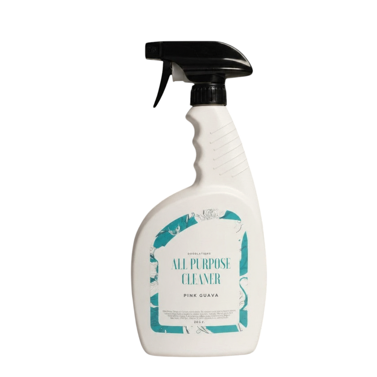 Doodlations Coffee Bar & Boutique Pink Guava all-purpose cleaning spray in a white bottle with a black trigger sprayer