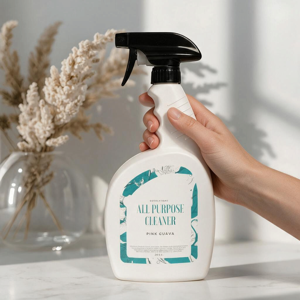 Hand holding a Doodlations Coffee Bar & Boutique Pink Guava all purpose cleaning spray bottle on a marble surface.