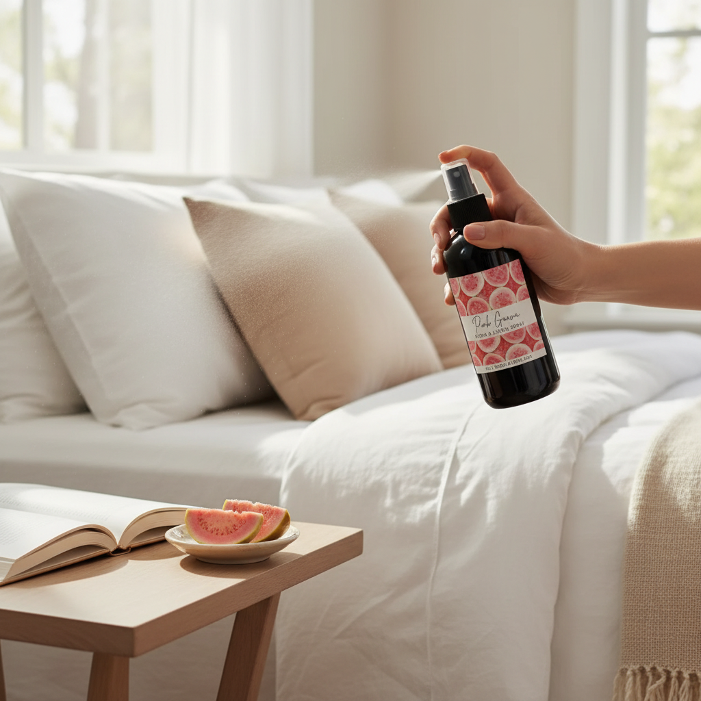Hand spraying Doodlations Coffee Bar & Boutique Pink Guava room and linen spray in a bright, cozy bedroom setting.