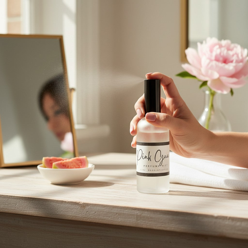 Doodlations Coffee Bar & Boutique Pink Guava fine mist perfume being sprayed on a vanity with a peony and guava slices