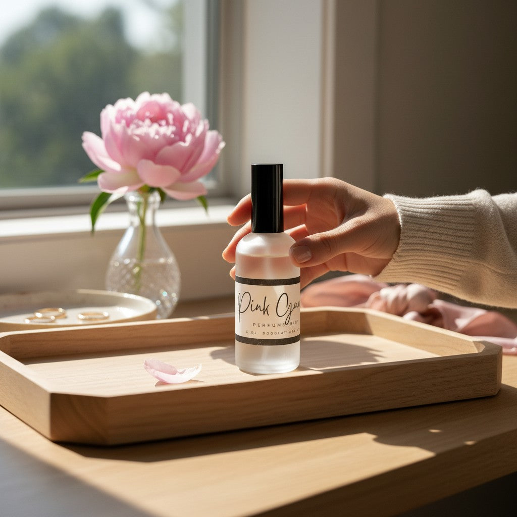 Doodlations Coffee Bar & Boutique Pink Guava fine mist perfume in a glass bottle held on a wooden tray by a window.