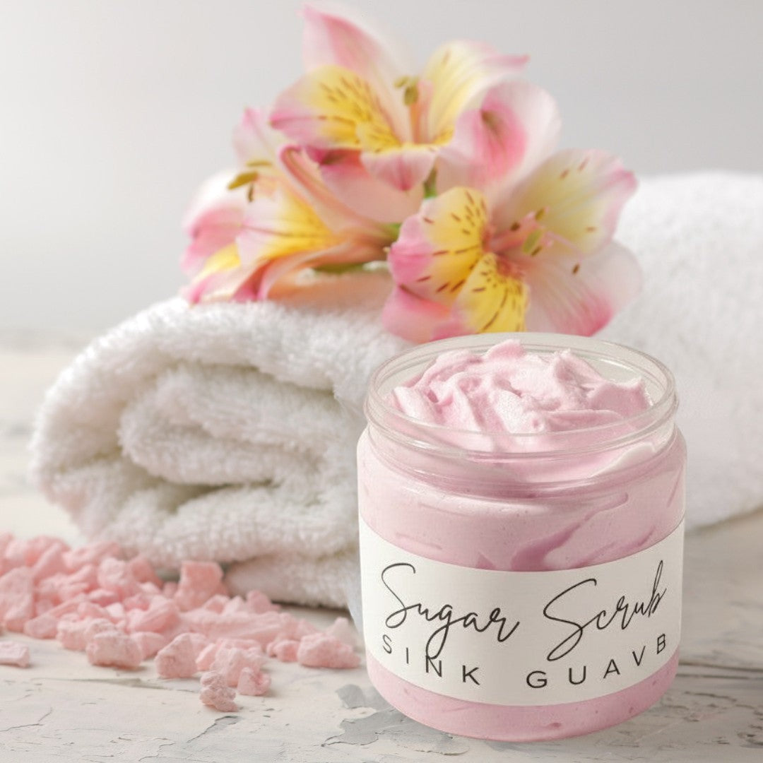 Doodlations Coffee Bar & Boutique Pink Guava Sugar Scrub, a whipped foaming body scrub with grape seed oil for skin nourishment.