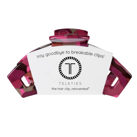 Doodlations Coffee Bar & Boutique Teleties Garden Glam open claw hair clip in a pink and brown patterned finish