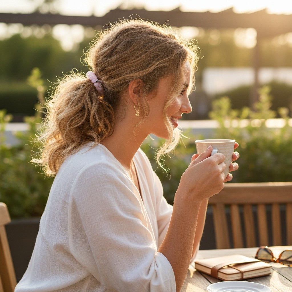 Doodlations Coffee Bar & Boutique rose water pink hair tie worn by a smiling woman drinking coffee at an outdoor cafe.