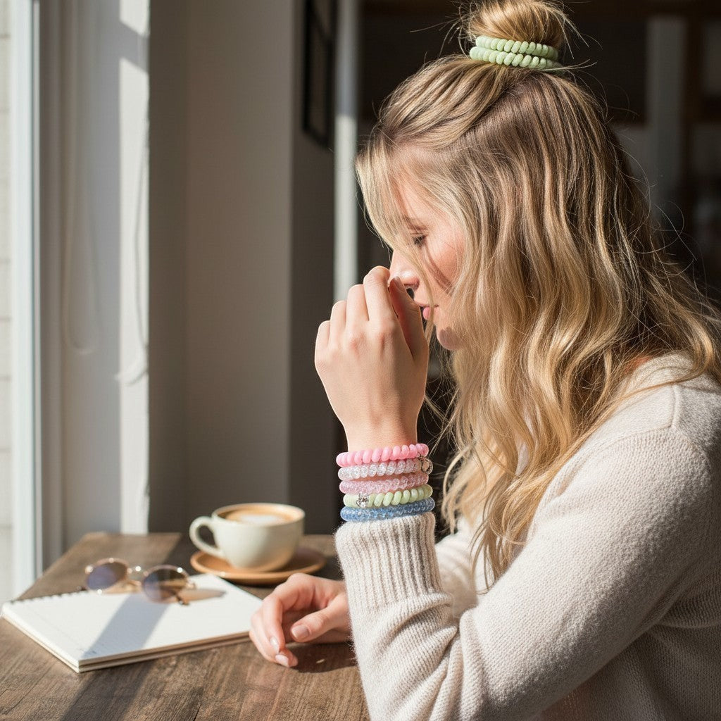 Doodlations Coffee Bar & Boutique Pinch Me! Teleties hair ties in pink and pastel shades worn on wrist and in hair.