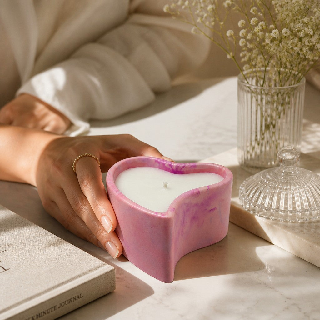 Doodlations Coffee Bar & Boutique heart-shaped pink marbled concrete candle on a table with a book and flowers