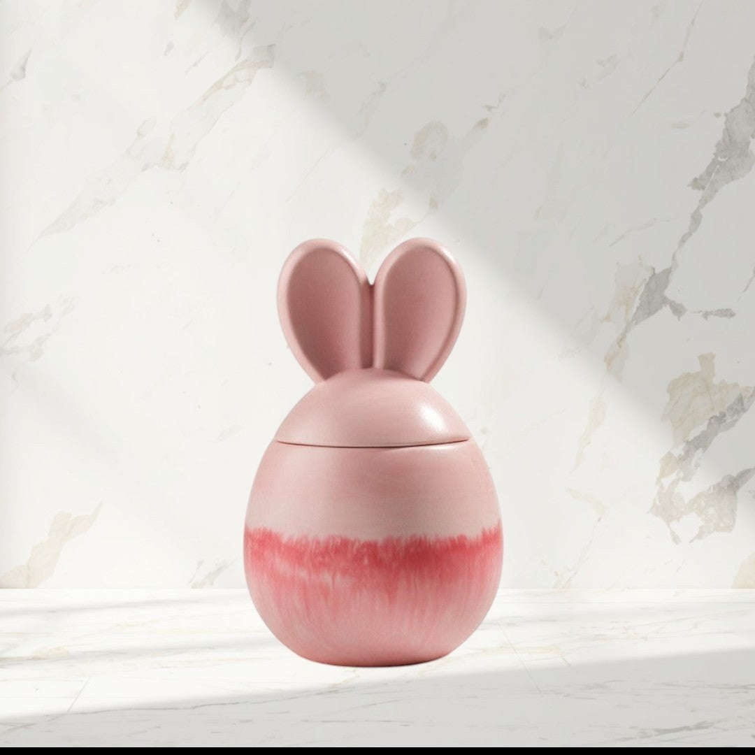 Doodlations Coffee Bar & Boutique pink marbled bunny concrete candle with lid, soy blend wax, sangria scent.
