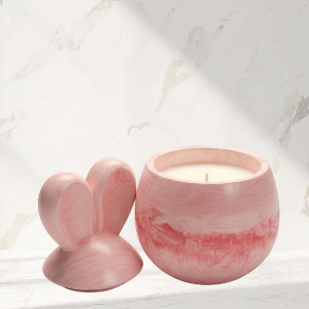 Doodlations Coffee Bar & Boutique pink marbled concrete bunny candle with lid, soy blend wax, 9oz